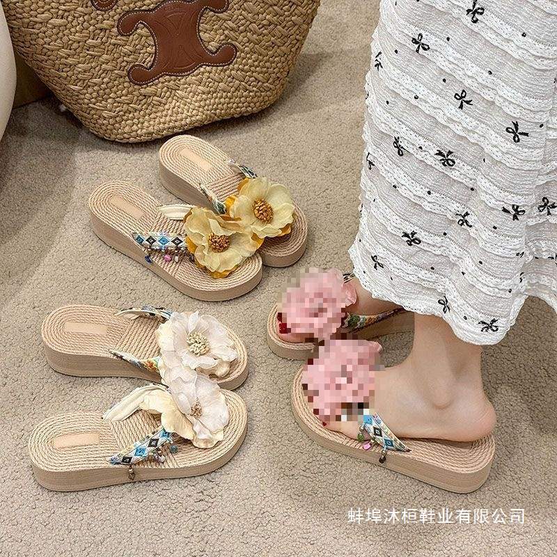 Xishuangbanna Summer New Floral Fairy Style Travel Vacation Dai Ethnic Style Beach Flip-Flops for Women