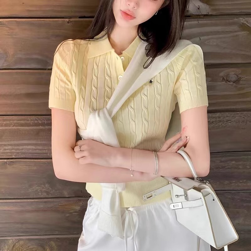 韓国ポニー刺繍ポロ襟ツイストニット半袖Tシャツレディース夏スリムで万能なショートトップA3958|undefined