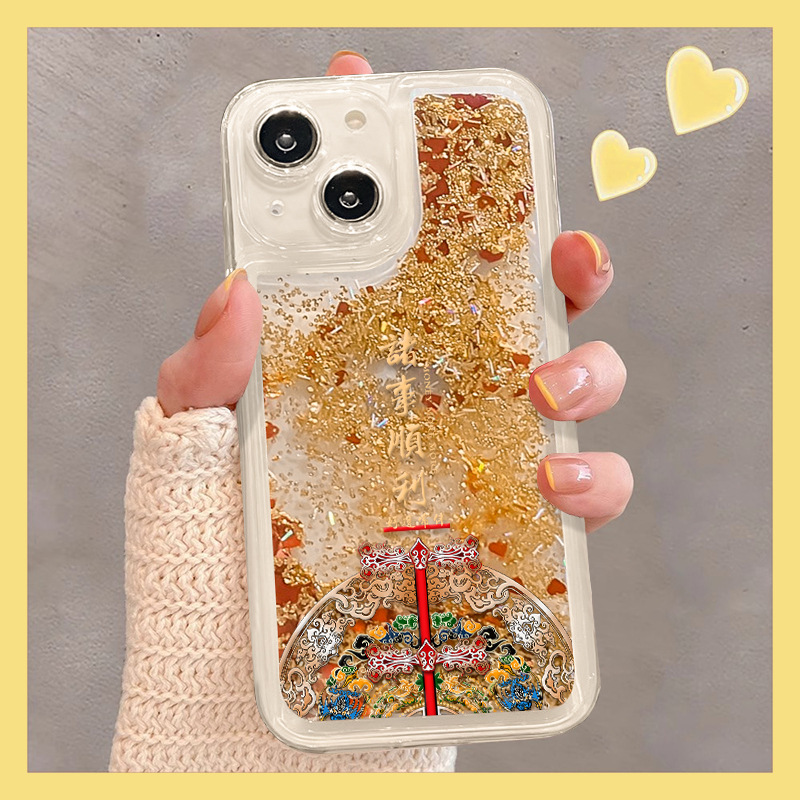 God of Wealth to Applicable Apple 16promax Transparent Phone Case iphone15 Festive quicksand 14 All-inclusive Drop-resistant 13