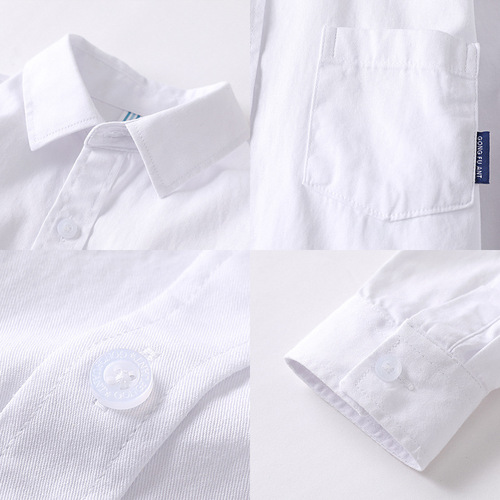 Spring and Autumn Unironed White Shirt for Boys, Long Sleeve, Pure Cotton, Primary School Uniform, Children's Performance Costume, White Shirt for Girls