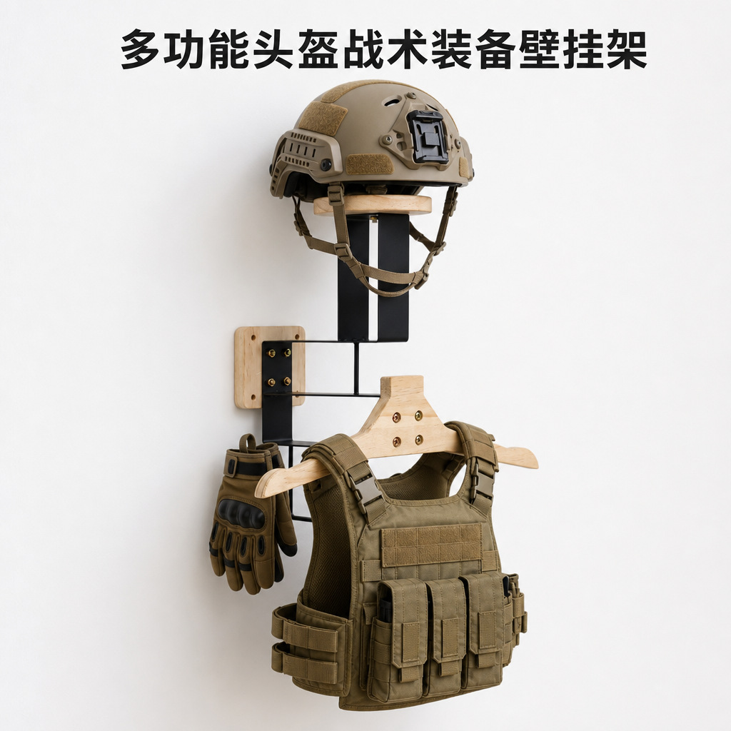 Wall-mounted solid wood and iron helmet rack, tactical vest storage rack, motorcycle riding gear display rack wholesale