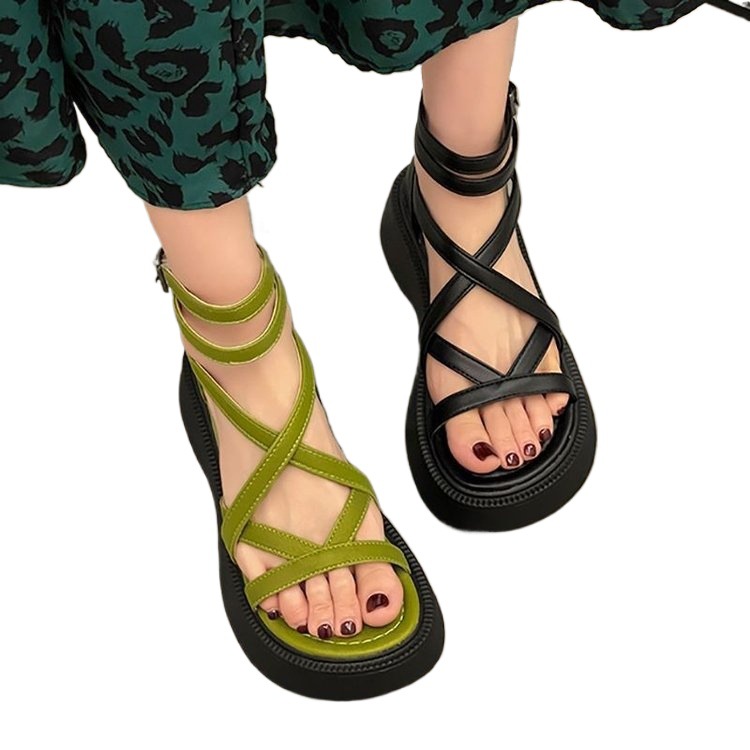 Muffin bottom sandalias mujeres 2026 verano nuevo diseño hueco de altura de suela gruesa cruzada zapatos romanos sandalias botas