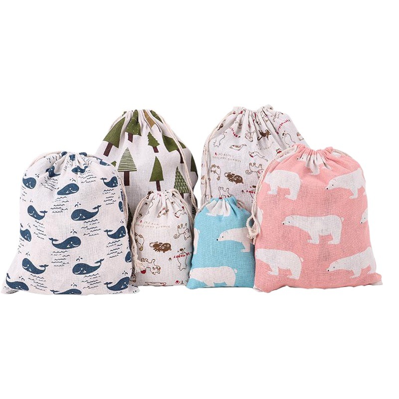 Impreso bolsa de cordón de algodón bolsa pequeña bolsa de almacenamiento de artículos diversos de viaje en casa bolsa de embalaje de regalo de Navidad en stock