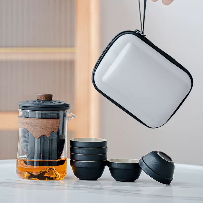 简约轻奢玻璃旅行茶具便携快客杯随身包套装户外功夫茶杯泡茶壶