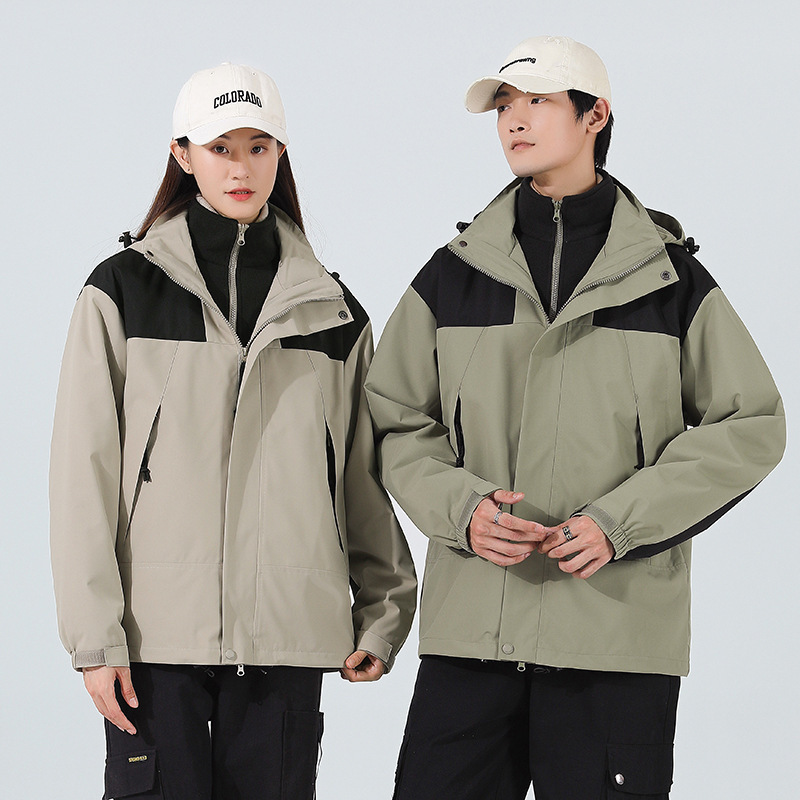 Chaqueta de invierno al aire libre para hombres y mujeres tres en uno de dos piezas de lana engrosada chaqueta de alpinismo a prueba de viento al por mayor en vivo