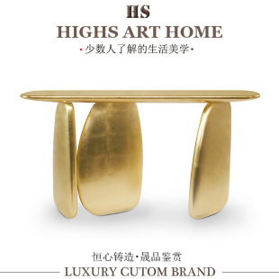Portuguese-Style Solid Wood Entryway Console Table with Gold Foil Accents, Wall-Mounted Sideboard for Living Room, Designer Furniture from Dongguan, Light Luxury Style