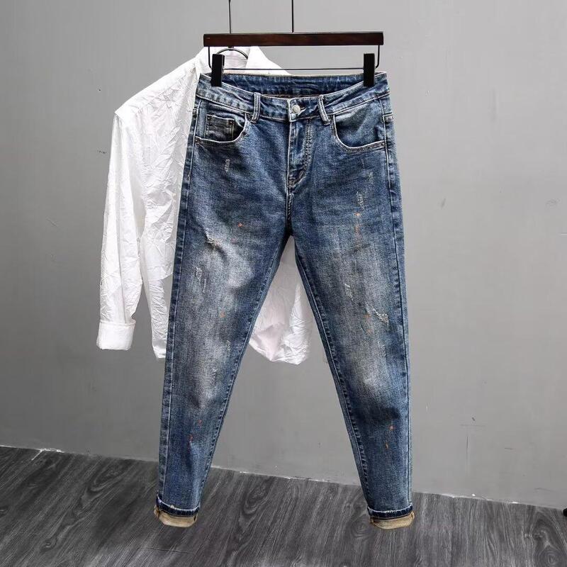 Vintage Blue Jeans Men's Slim-fit Skinny Washed Trendy Casual All-match Trousers Autumn and Winter 2024 New Pants
