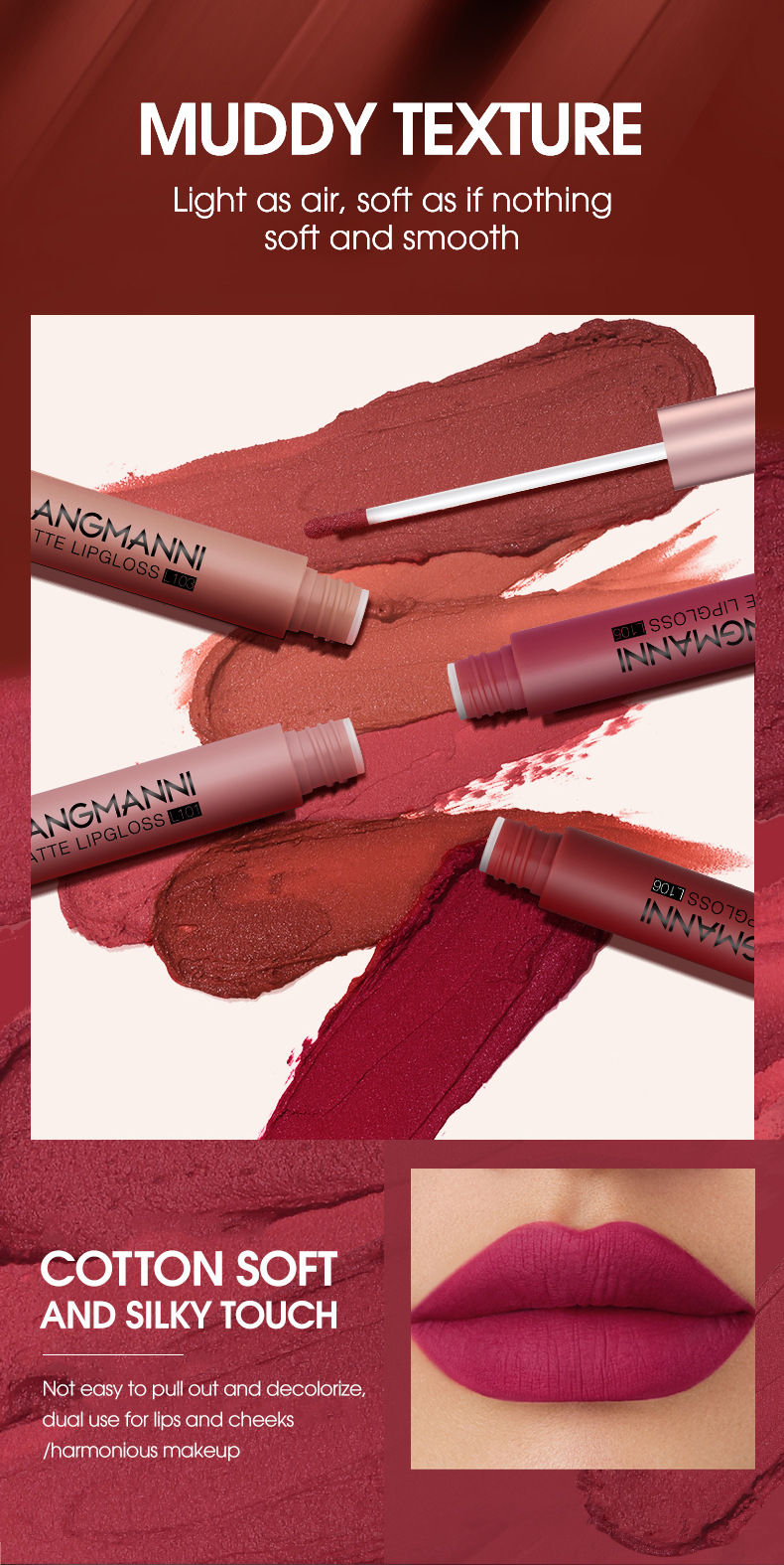 Langmanni's new matte lip gloss set, 6-piece lip gloss set, velvet lipstick, cross-border makeup Application Scenario
