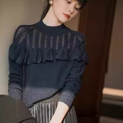 Hong Kong Mi [good quality as a repeat customer] ruffled knitwear for women 2021 autumn and winter New hollow clip flash pullover