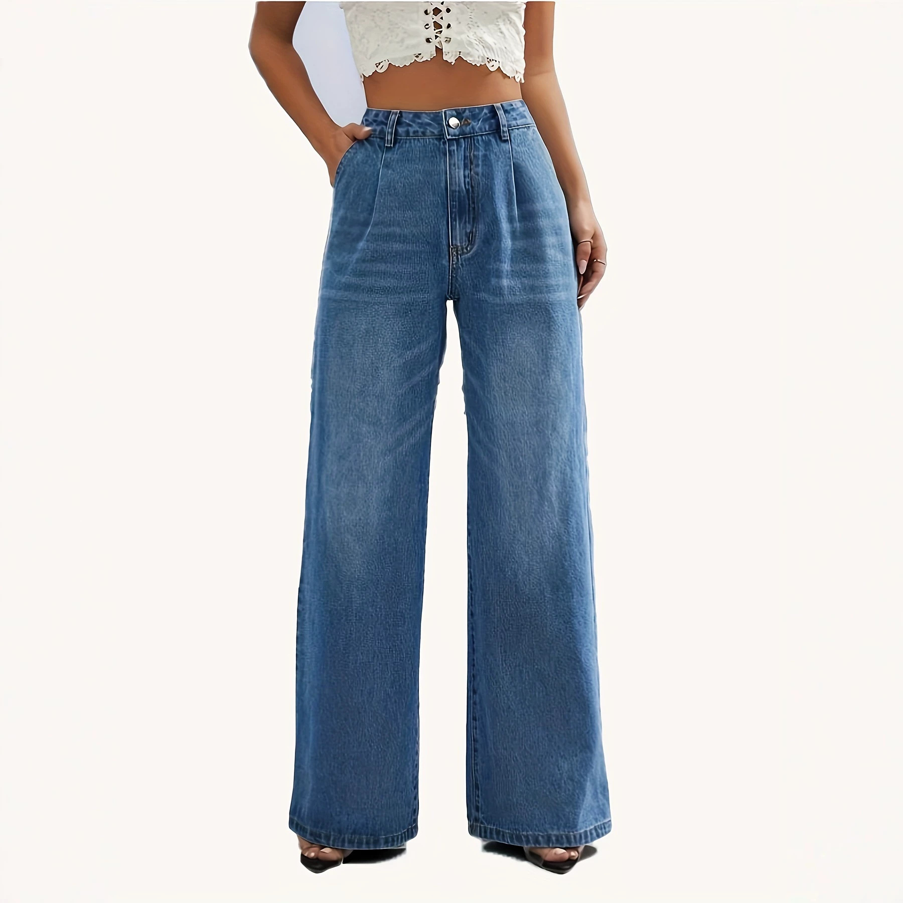 Jeans de Tiro Alto y Corte Recto para Mujer de Mezclilla de Algodón, Efecto Lavado, para Uso Casual