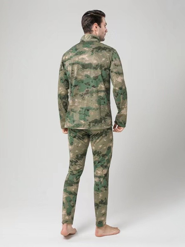 Hombre secado rápido camuflaje táctico calentamiento conjunto de ropa interior grueso pelusa al aire libre deportivo de collar cremallera a prueba de viento