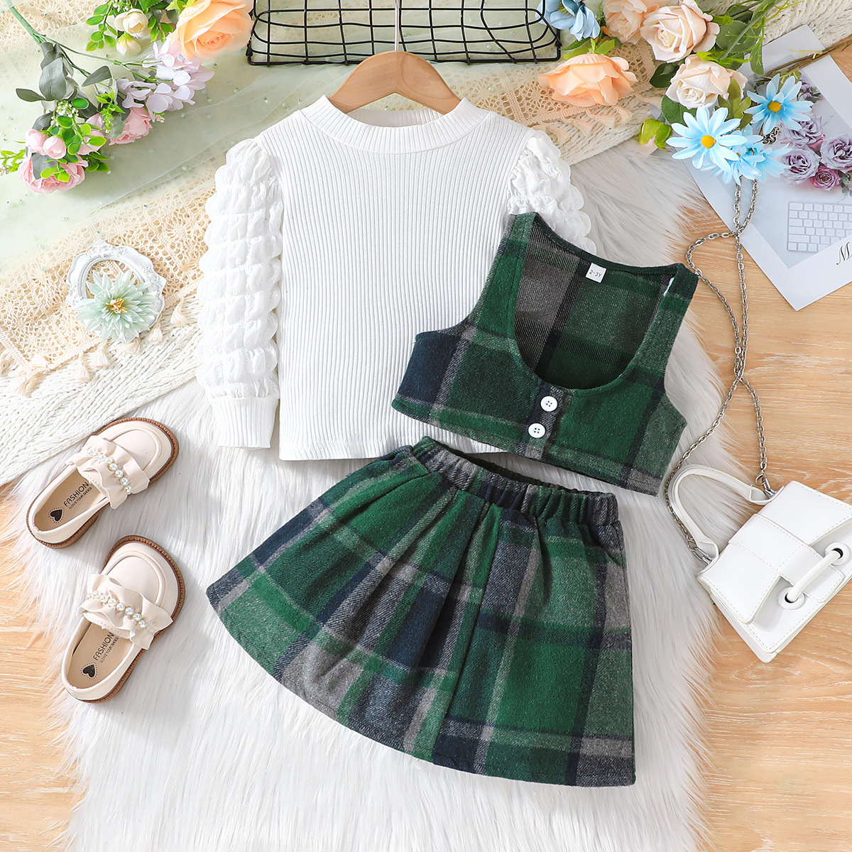 Mädchen Set Aus Karoweste Unterwäsche Und Rock Dreiteilig_voghion.com