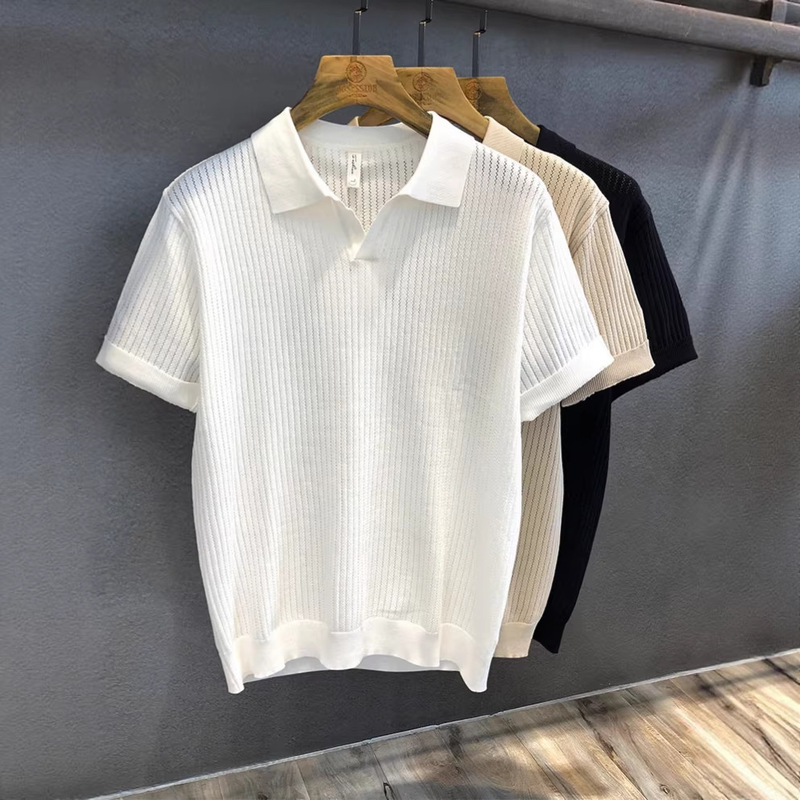 Khaki Hollow-Out Mature Style Small V-Neck Design Ice Silk Knit Polo Shirt for Men, Summer Turn-Down Collar Short-Sleeve T-Shirt Men's Wear