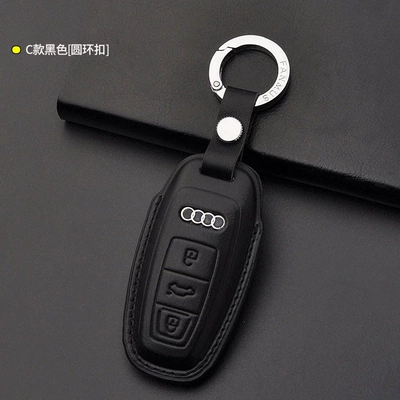Static Rod/Key Bag, genuine leather car key case cover - model-c-black-ring-buckle
