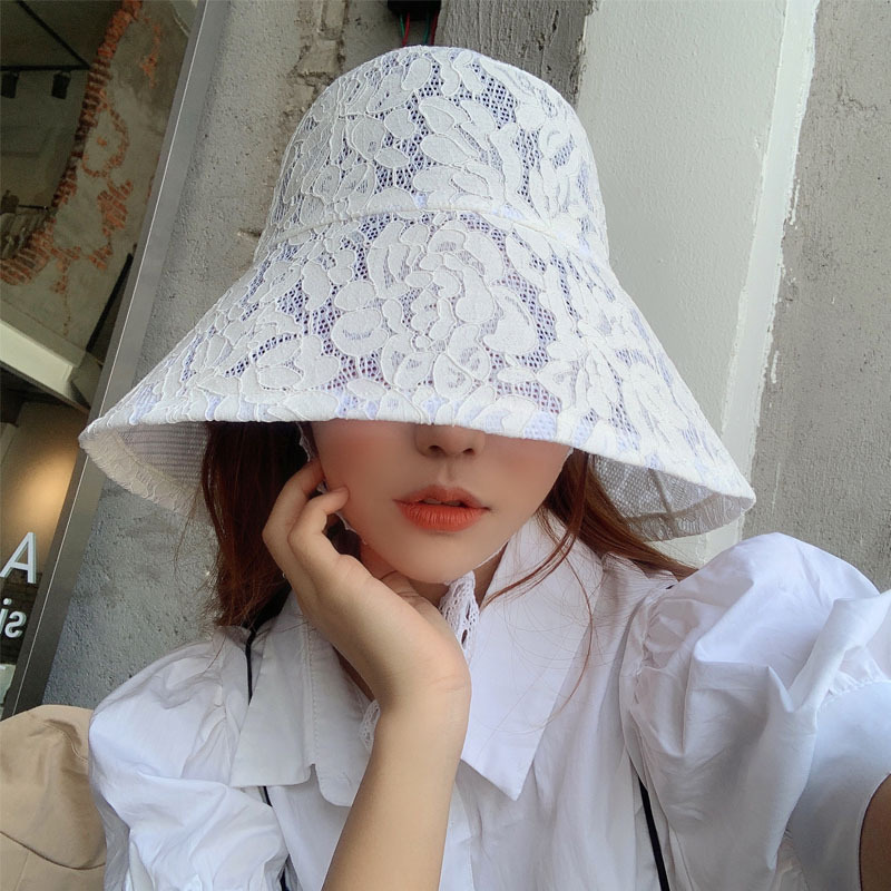 夏季度假蕾絲镂空大沿太陽帽女漁夫帽優雅大帽邊系帶遮陽帽防曬