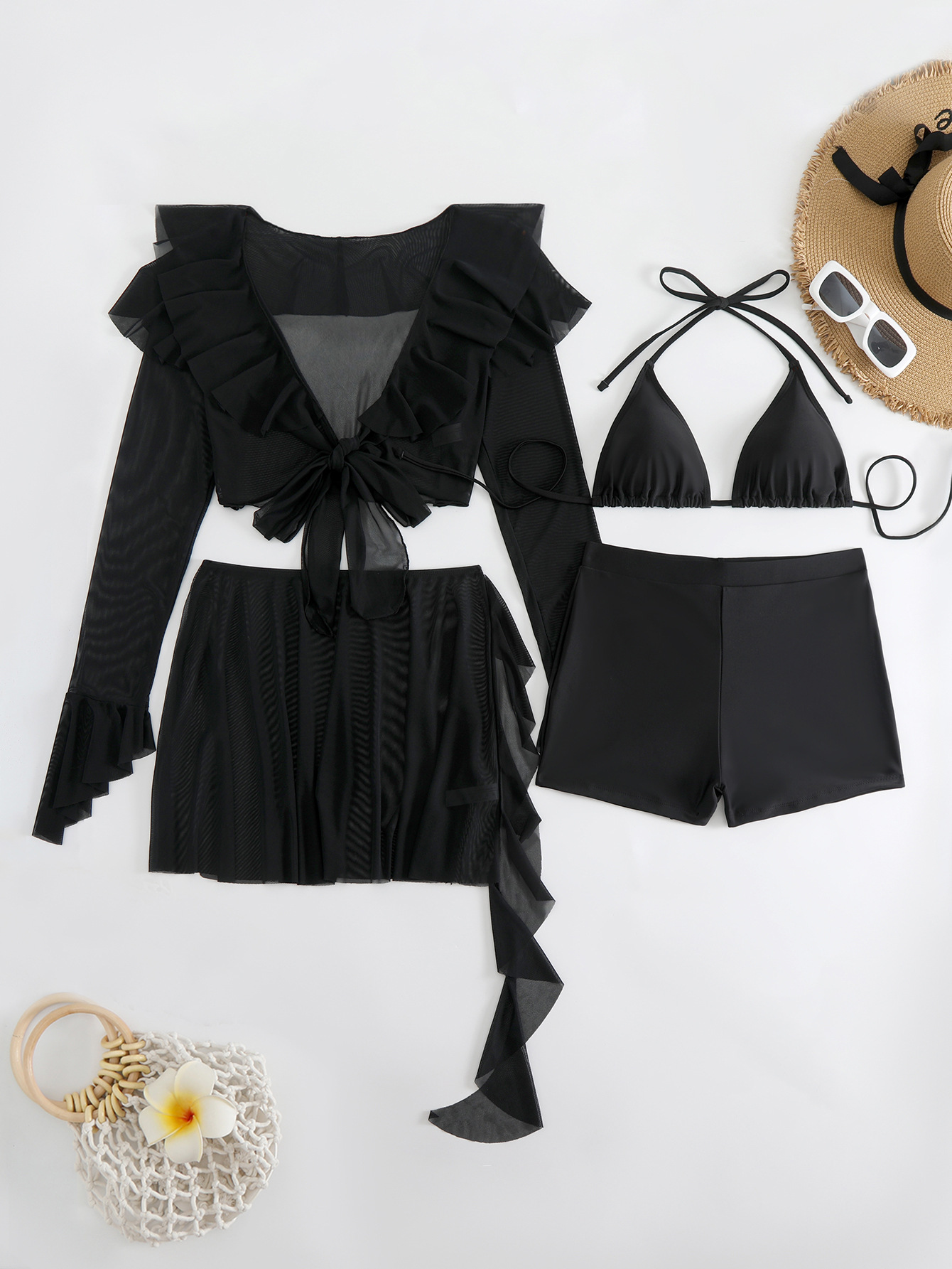 GraceChic European And American Retro Design Solid Color Lace Two-Piece Swimsuit Sexy Three-Piece Set High-End Deep V Bikini_voghion.com