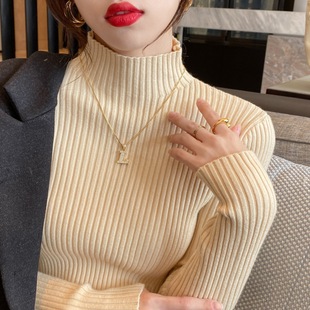 Half Turtleneck Sweater Bottoming Shirt for Women Autumn and Winter Thickeneded 2023 New Style Inner White Top Versatile Western Style Knitted