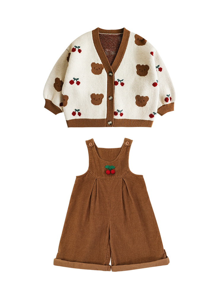 Wulibuyi niñas vintage cardigan de punto traje lindo oso cereza niños otoño suspender Pantalones