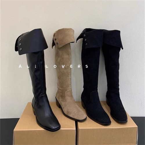 Pile boots retro niche small boots French women's boots autumn and winter versatile western cowboy boots knight boots