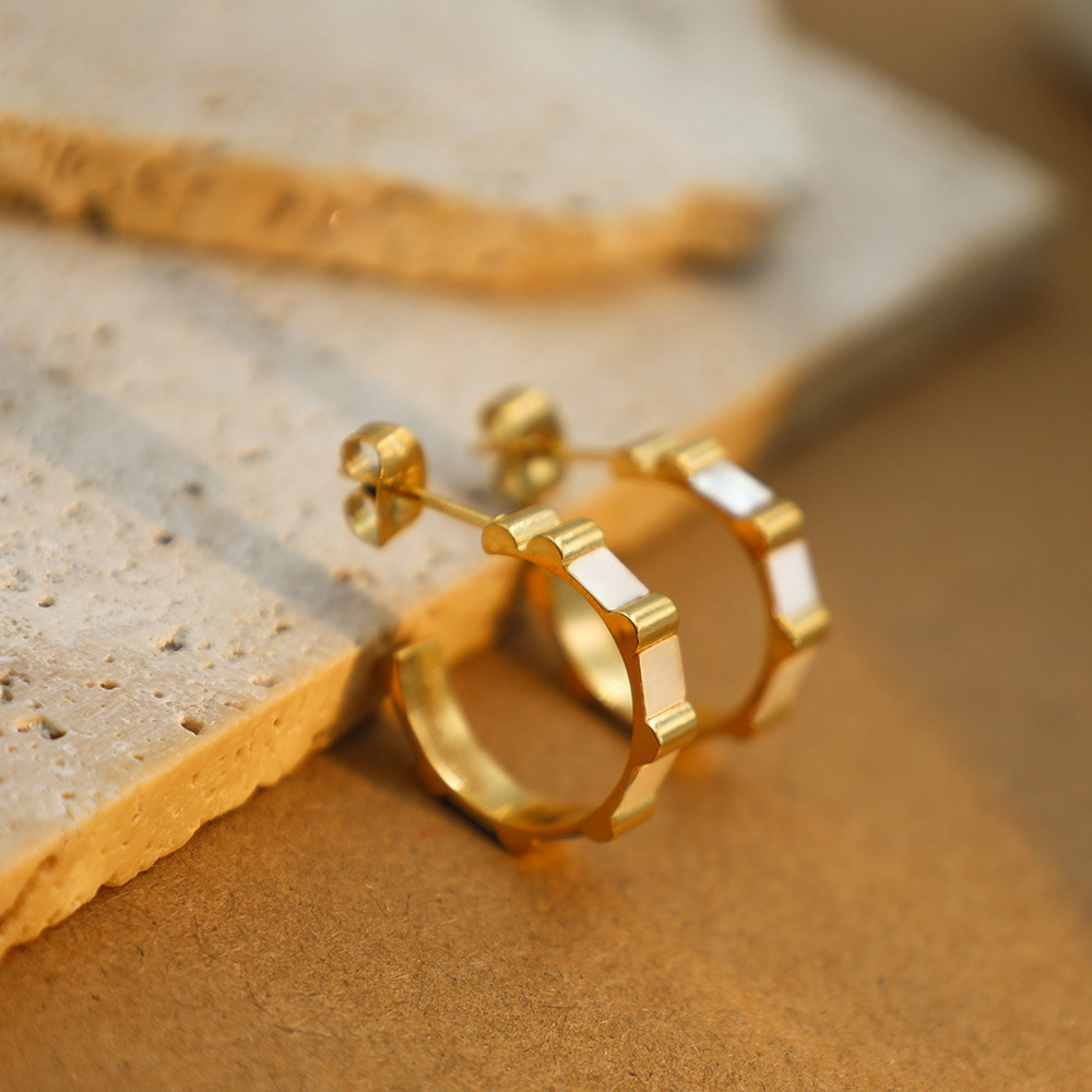 Stainless Steel C-shaped Bamboo With Shell Earrings