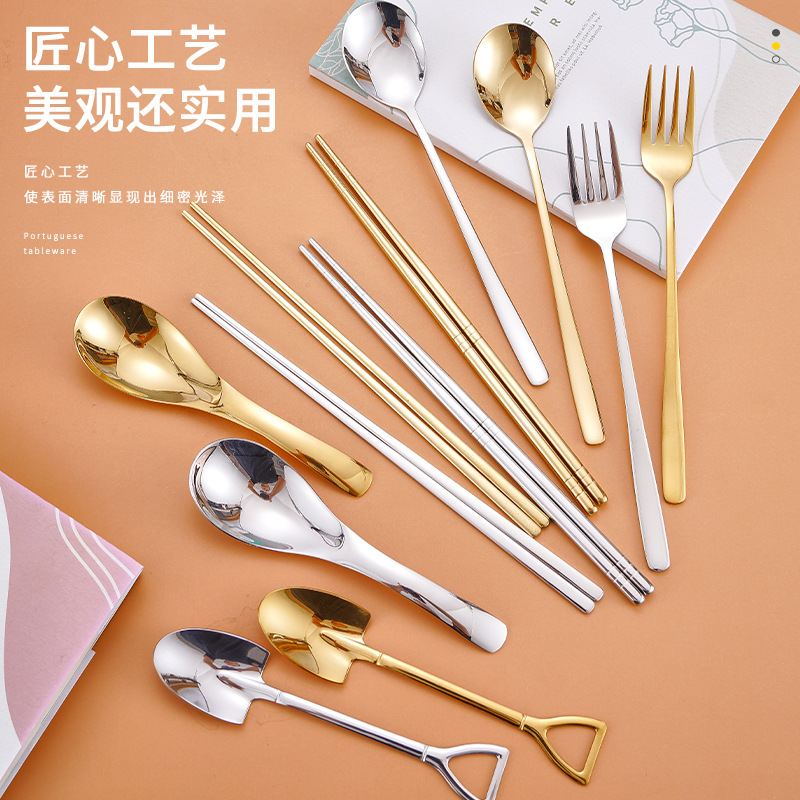 304 골드 스테인레스 스틸 젓가락 숟가락 포크 디저트 스푼 미끄럼 방지 한국 젓가락 평면 솔리드 골드 젓가락 광장
