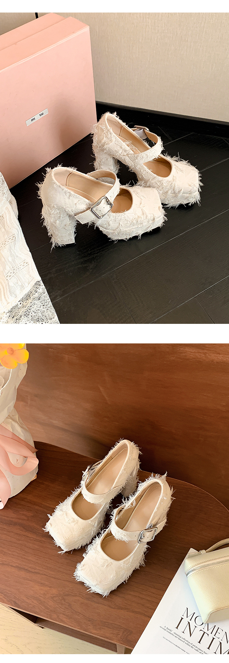 Giày cao gót nữ mũi vuông phong cách Mary Jane đế xuồng platform gót 12 cm — Xanh lá cây nhạtcolor, màu đen, màu trắng ngà chi tiết 20