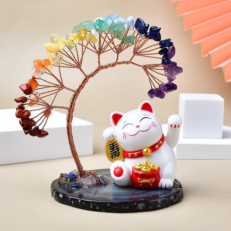 水晶発招財樹オフィスデスクトップ置物招財猫台座紫水晶黄水晶七色晶発財樹|undefined