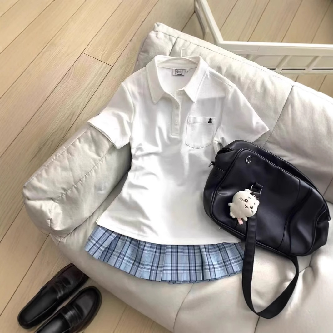 School Style Jk Uniform White Polo Shirt Short-Sleeved Women's Summer Slimming Look Casual Versatile Top Preppy Style