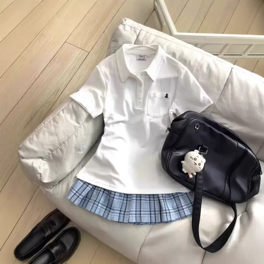 校供感JK制服白色POLO衫短袖女夏季修身显瘦休闲百搭上衣学院风