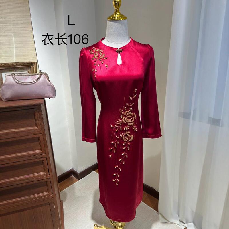 Mother's Wedding Dress Wine Red Seven-point Sleeve plus size Slim-fit Improved Cheongsam Xi Mother-in-law Wedding Dress Mid-length