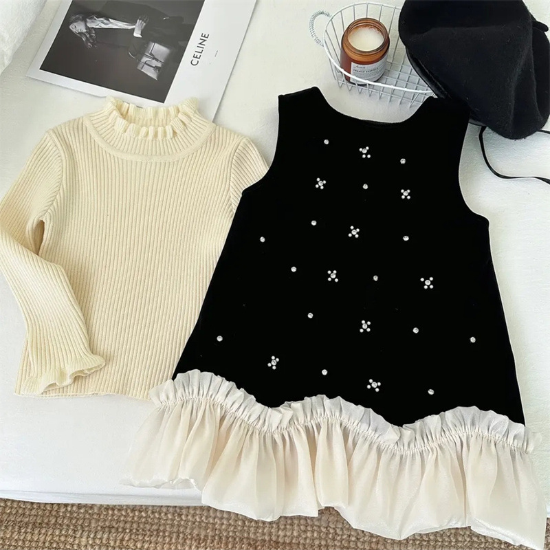 Xianning Seven Ropa para niños Niñas Velvet 2025 Vestido de otoño e invierno Estilo de primavera y otoño Falda de bebé para niños más falda de chaleco de terciopelo