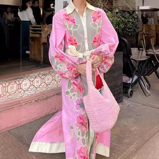 欧美跨境2024新独立站速卖通开衫休闲棉麻长款花朵印花系带连衣裙