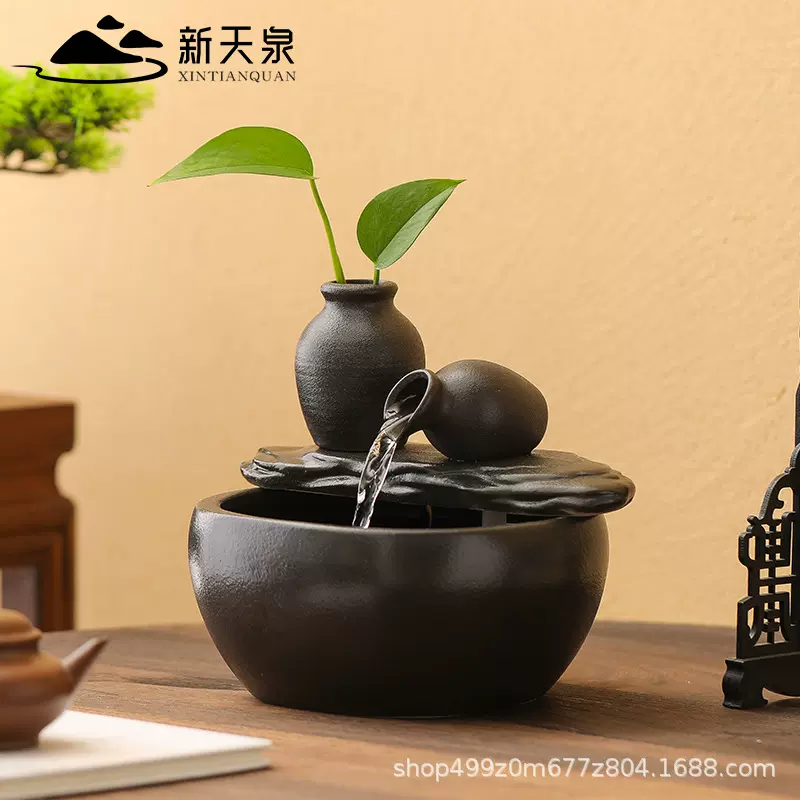 黑色陶瓷养鱼缸流水摆件小型流水器客厅循环水加湿办公室桌面装饰
