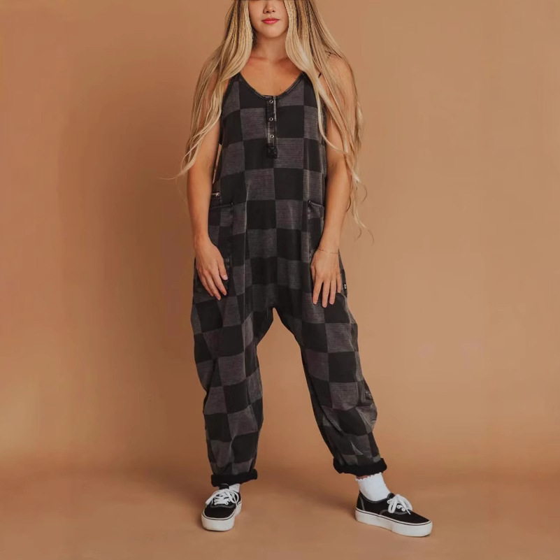 2025 European and American Style Cross-Border Women's Independent Station Plaid Print Casual Large Pocket Jumpsuit Wish Backless Loose