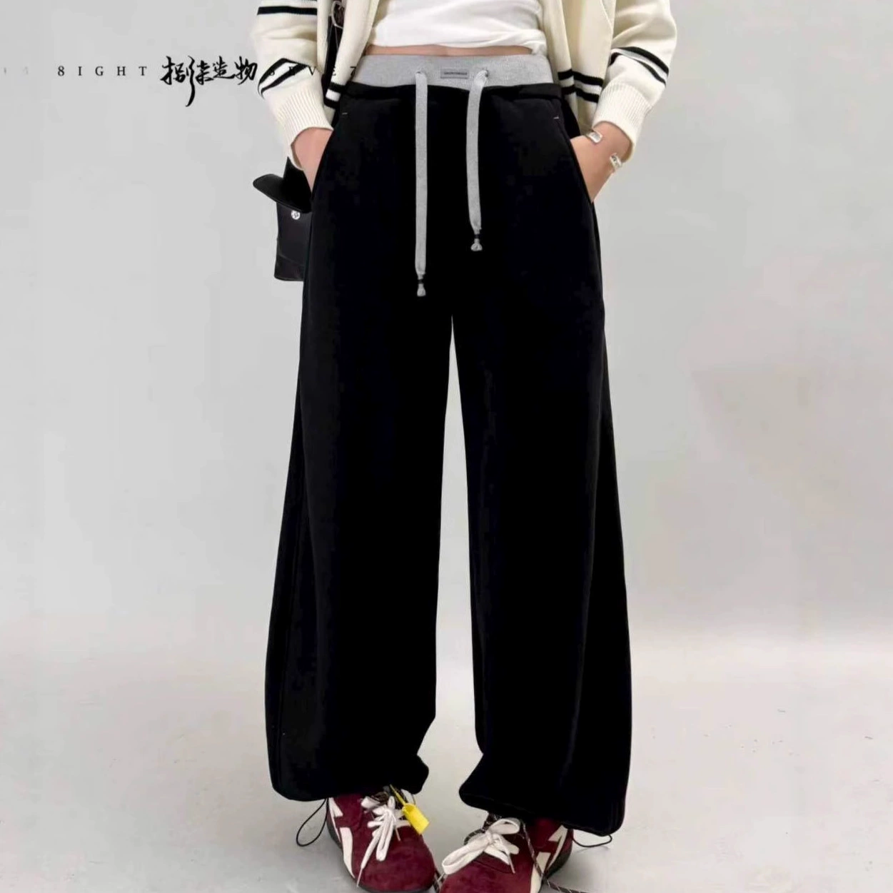 Warm trousers, demi-season leggings, drawstring, high waist, oversize