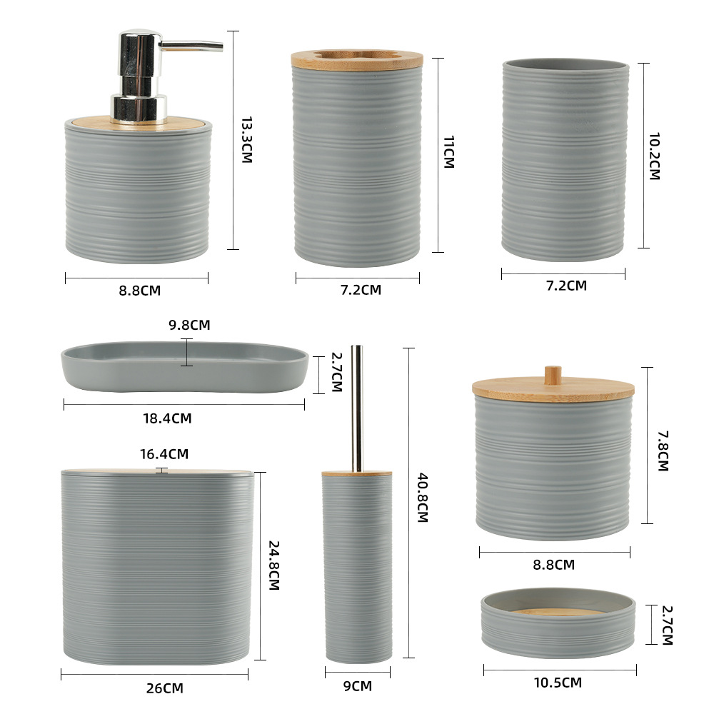cubierta de bambú estriado baños de plástico de ocho piezas fabricantes de baños al por mayor almacenamiento de enjuague rack cubierta de cepillo de dientes