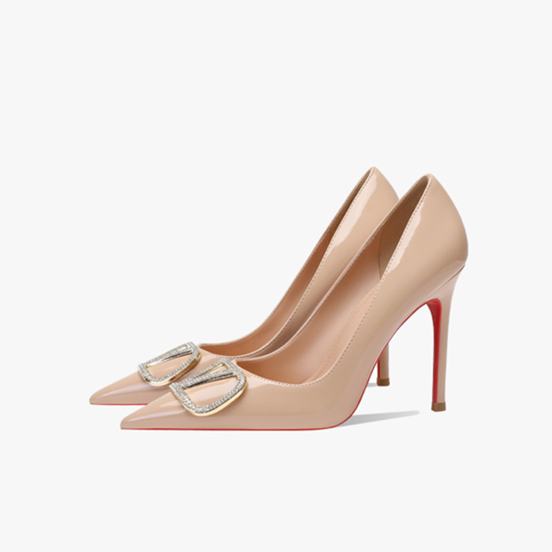 32-45 Size High-Heeled Shoes for Women, Stiletto Heel, Pointed Toe, V-Style, 2026 New Model, Patent Leather, Rhinestones, Spring and Autumn, Sexy Red Sole Pumps