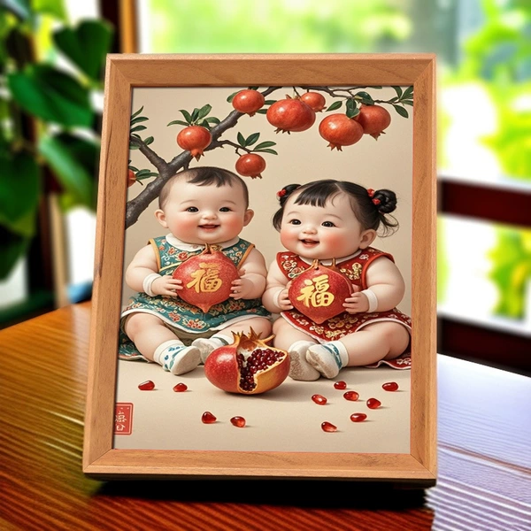 Many children and many blessings-Dragon and Phoenix twins 2-(wooden frame) elm color