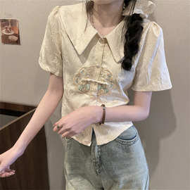新中式刺绣衬衫娃娃领国风小衫女2024新款夏季小众设计感短袖上衣
