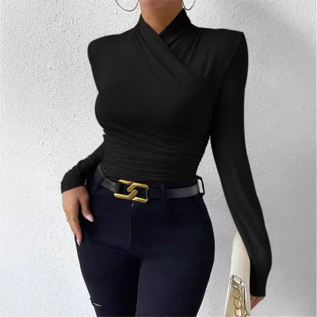 Elegant Women's Cross-Neck Slim-Fit T-Shirt Tuck Detail Versatile Autumn Winter Wardrobe Staple Fashion Top for Ladies_ecoleips.com