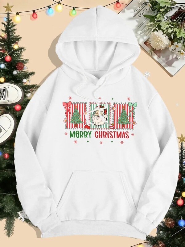 Cross-Border Merry Christmas Santa Claus Tree Print Hoodie Multi-Color Hoodie Casual Pocket Hoodie