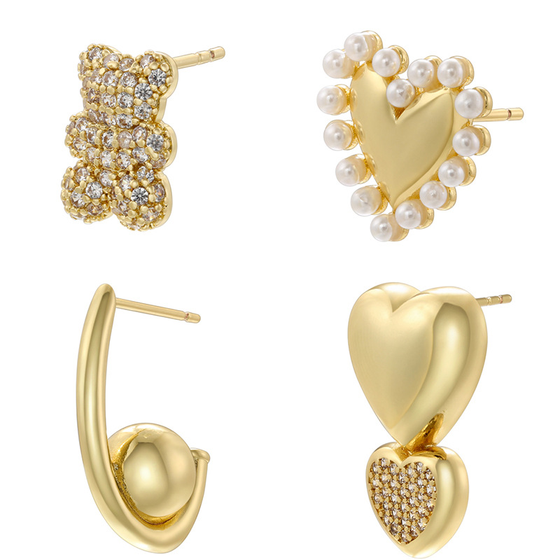 6g Weight Artificial Pearls, Zircon Inlay Material 1 Pair Cute Animal Heart Shape Inlay Copper Artificial Pearls Zircon Ear Studs