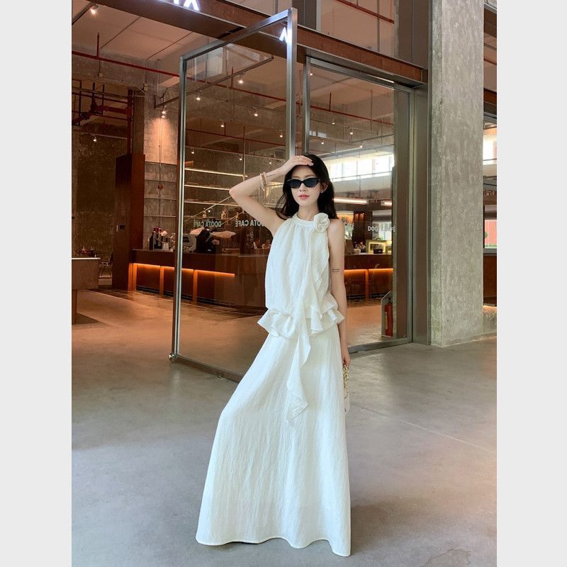 韩系温柔风套装女夏季2025新款挂脖无袖上衣垂感大摆半身裙两件套|undefined