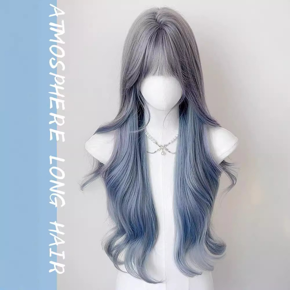 Koni Full Head pitkähiuksinen peruukki Cool Mist Blue ja Purppuran sävyillä, Natural Air otsatukka, tyylikäs ja realistinen
