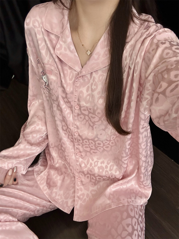 纯欲甜美卡通Kitty豹纹提花睡衣女秋季新款可爱粉宽松家居服套装|undefined