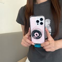 甘くてクールな女の子向け、水玉模様のレコード型マグネットスタンド付きiPhone17/Apple 16ProMax/15対応スマホケース