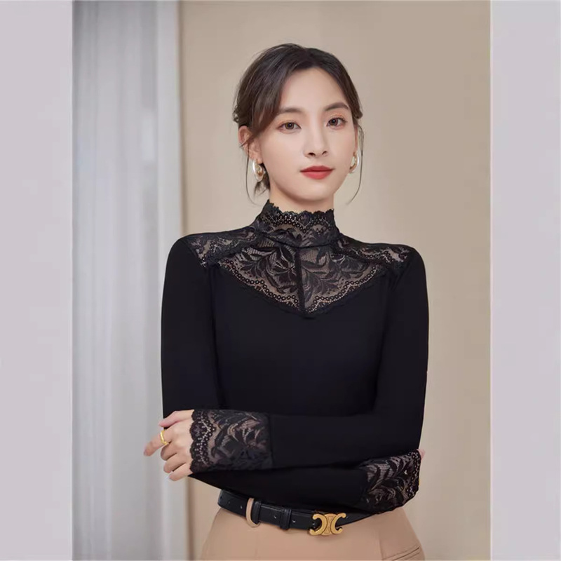 957 Golden Jiaxuan Lace Threaded Cotton Bottoming Shirt Women's Long Sleeve Top Half Turtle Collar Bottoming Shirt Autumn New Style