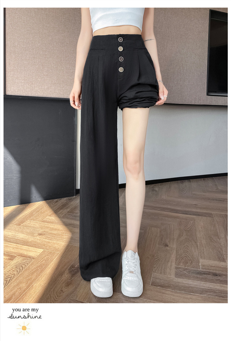 Quần tây nữ ống đứng cạp cao dáng suông vải linen phối khuy — Màu đen thông thường chi tiết 26