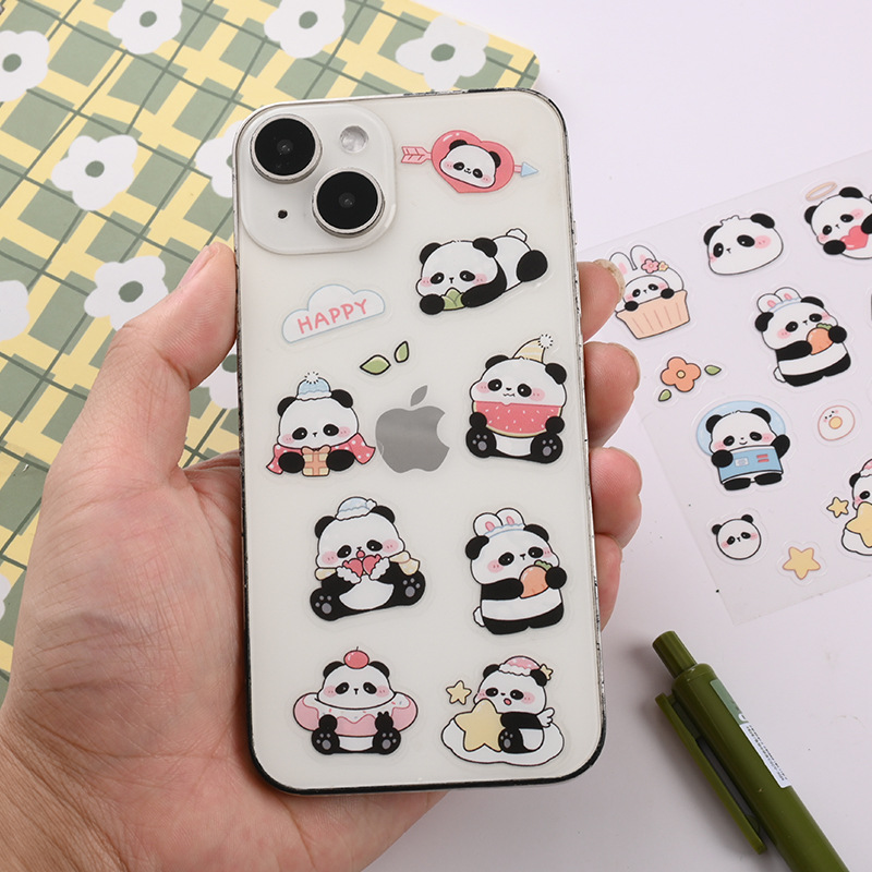 Caricatura adorable pegatinas de panda PET transparente impermeable material de decoración de la caja del teléfono móvil de los estudiantes taza de agua pegatinas DIY