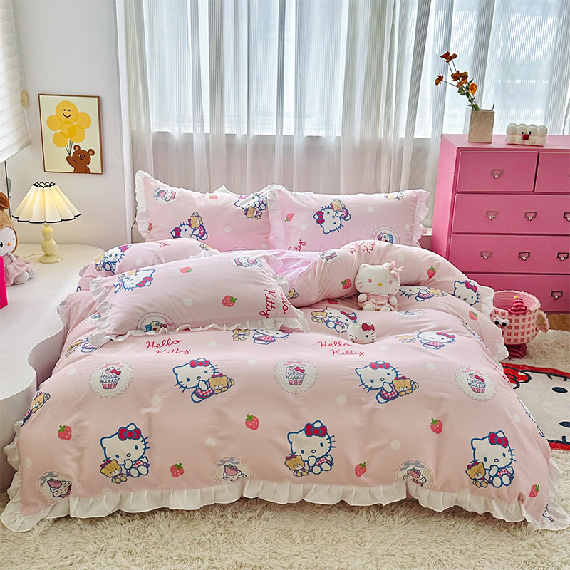 三丽鸥纯棉花边款四件套全棉公主风卡通HelloKitty床单被套床裙款|undefined
